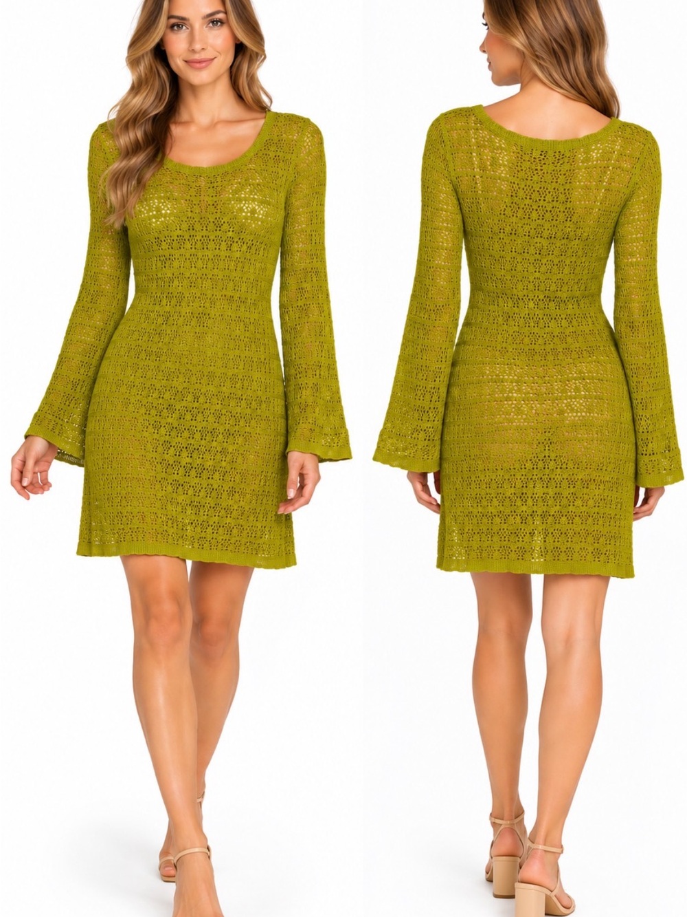 Abound NWT Chartreuse Open Knit Long Sleeve Mini Dress M